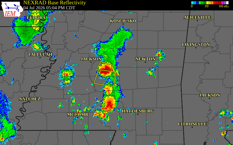 NEXRAD radar during the Saturday, July 4, 2026 storm activity in Rankin County, Mississippi
