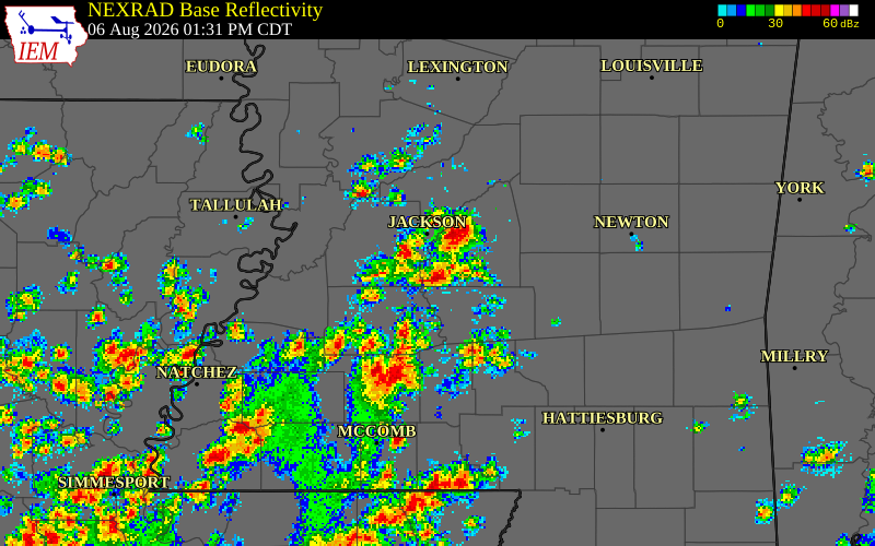 NEXRAD radar during the Thursday, August 6, 2026 storm activity in Rankin County, Mississippi