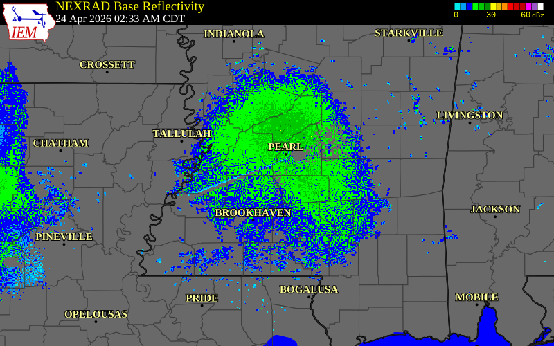 Radar snapshot during the Apr 24, 2026 tornado event near Clear Branch, Rankin County, Mississippi, with NWS warning polygons