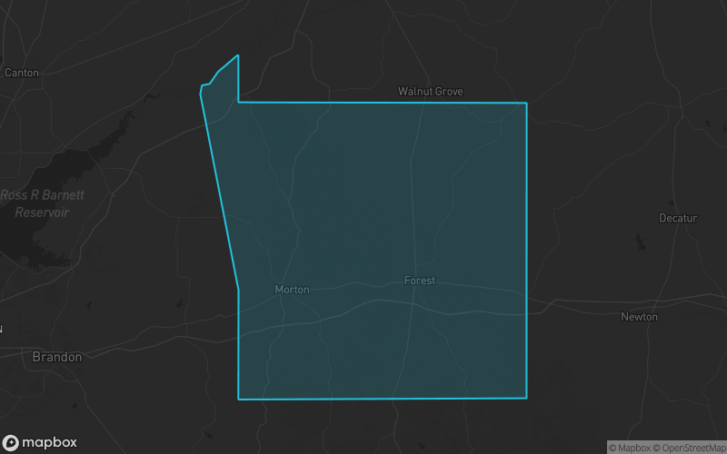 Map of Scott County, Mississippi showing the county boundary and surrounding cities