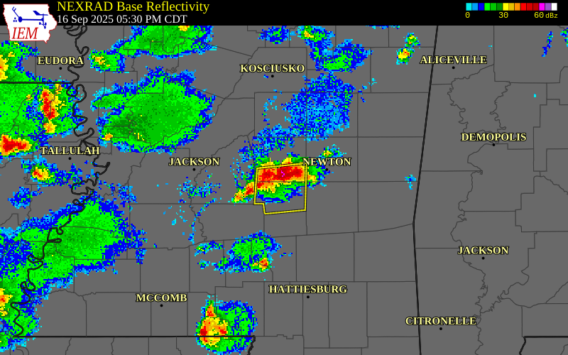 NEXRAD radar during the Tuesday, September 16, 2025 storm activity in Scott County, Mississippi
