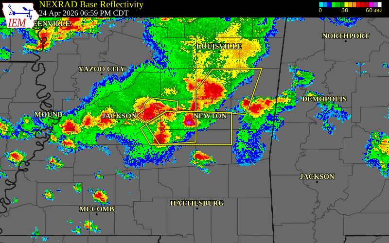 NEXRAD radar during the Friday, April 24, 2026 storm activity in Scott County, Mississippi