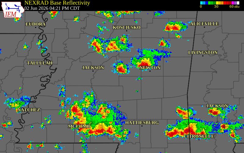 NEXRAD radar during the Tuesday, June 2, 2026 storm activity in Scott County, Mississippi