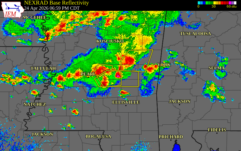 Radar snapshot during the Apr 24, 2026 hail event near 2 SSW Lake, Scott County, Mississippi, with NWS warning polygons