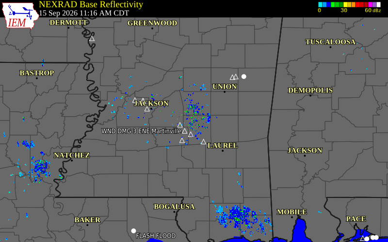 Current NEXRAD radar over Scott County, Mississippi with recent storm report locations