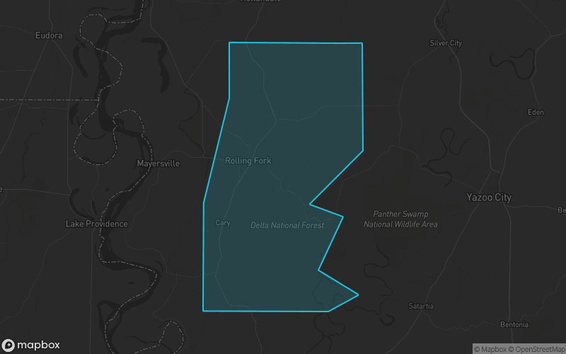 Map of Sharkey County, Mississippi showing the county boundary and surrounding cities