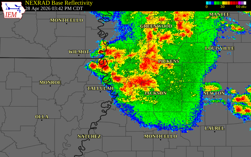 NEXRAD radar during the Tuesday, April 28, 2026 storm activity in Sharkey County, Mississippi
