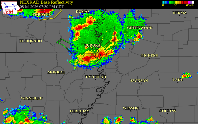 NEXRAD radar during the Wednesday, July 8, 2026 storm activity in Sharkey County, Mississippi