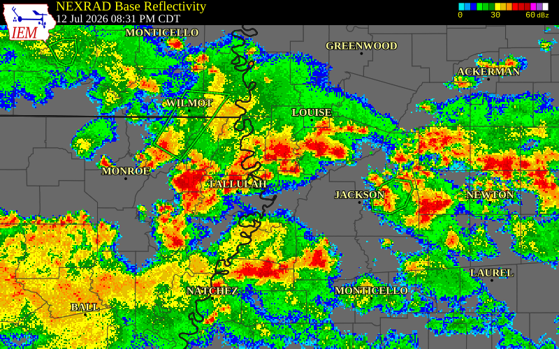 NEXRAD radar during the Sunday, July 12, 2026 storm activity in Sharkey County, Mississippi