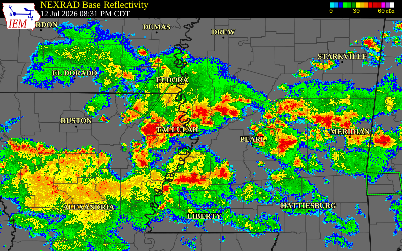 Radar snapshot during the Jul 12, 2026 wind event near Sharkey County, Sharkey County, Mississippi, with NWS warning polygons