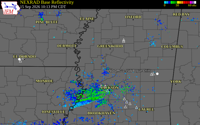 Current NEXRAD radar over Sharkey County, Mississippi with recent storm report locations