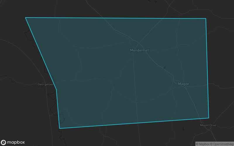 Map of Simpson County, Mississippi showing the county boundary and surrounding cities