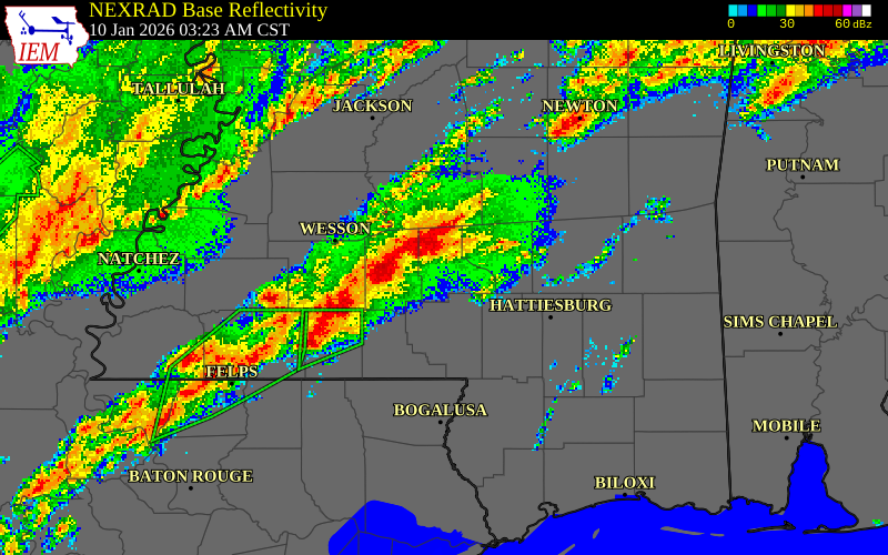NEXRAD radar during the Saturday, January 10, 2026 storm activity in Simpson County, Mississippi