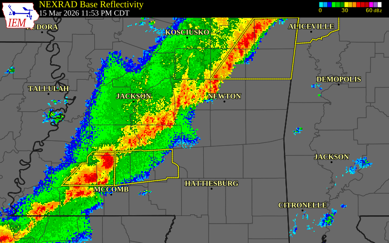 NEXRAD radar during the Sunday, March 15, 2026 storm activity in Simpson County, Mississippi