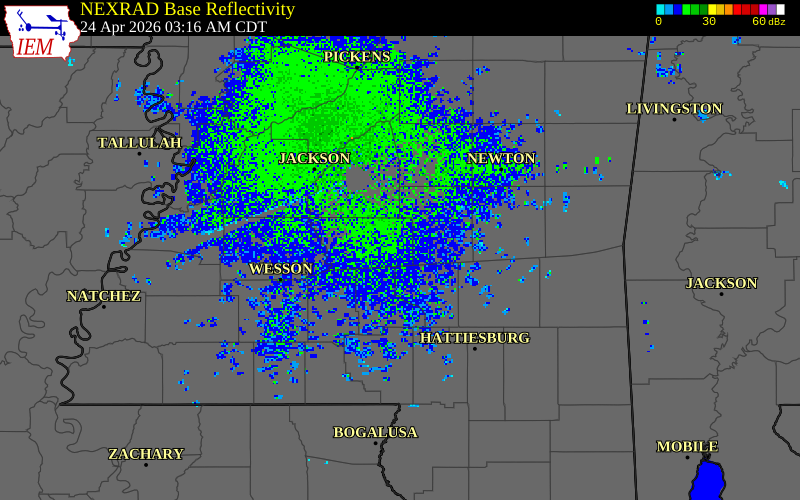 NEXRAD radar during the Friday, April 24, 2026 storm activity in Simpson County, Mississippi