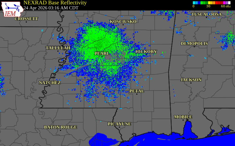 Radar snapshot during the Apr 24, 2026 tornado event near Magee, Simpson County, Mississippi, with NWS warning polygons