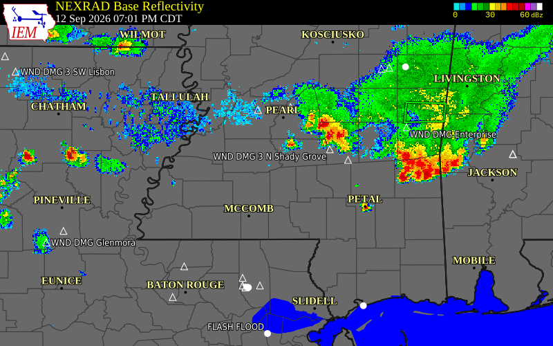 Current NEXRAD radar over Simpson County, Mississippi with recent storm report locations