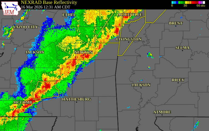 NEXRAD radar during the Monday, March 16, 2026 storm activity in Smith County, Mississippi