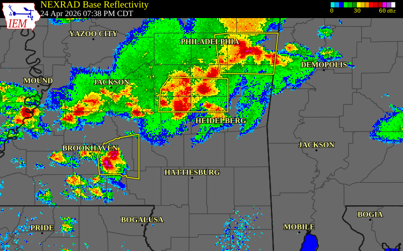 NEXRAD radar during the Friday, April 24, 2026 storm activity in Smith County, Mississippi