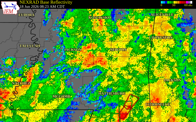 NEXRAD radar during the Thursday, June 18, 2026 storm activity in Smith County, Mississippi