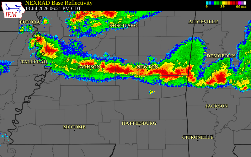 NEXRAD radar during the Monday, July 13, 2026 storm activity in Smith County, Mississippi