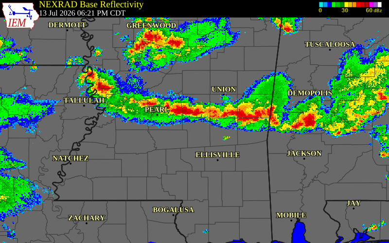 Radar snapshot during the Jul 13, 2026 wind event near Smith County, Smith County, Mississippi, with NWS warning polygons