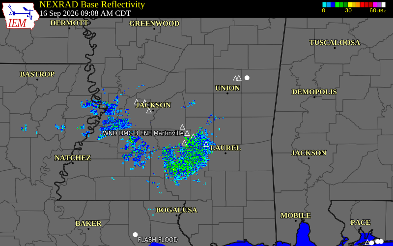 Current NEXRAD radar over Smith County, Mississippi with recent storm report locations