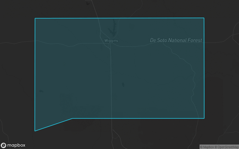 Map of Stone County, Mississippi showing the county boundary and surrounding cities