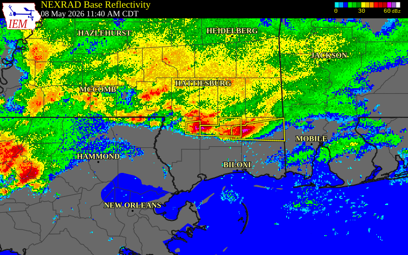 NEXRAD radar during the Friday, May 8, 2026 storm activity in Stone County, Mississippi