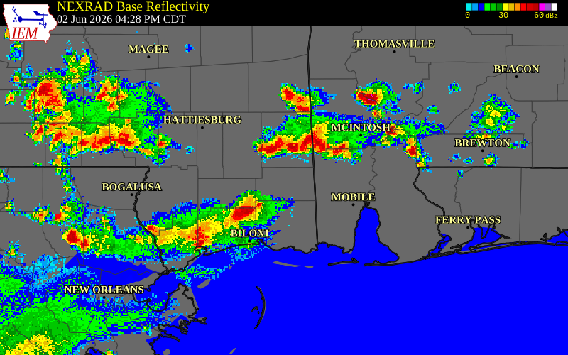 NEXRAD radar during the Tuesday, June 2, 2026 storm activity in Stone County, Mississippi