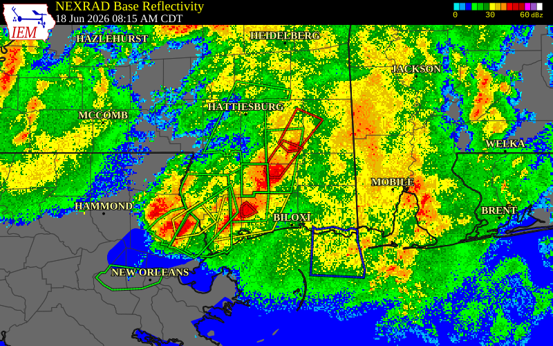 NEXRAD radar during the Thursday, June 18, 2026 storm activity in Stone County, Mississippi