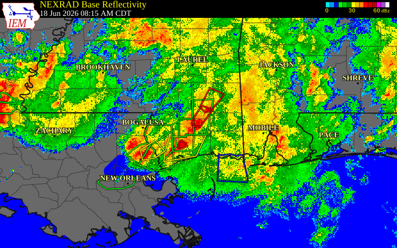 Radar snapshot during the Jun 18, 2026 tornado event near 1 SW Whites Crossing, Stone County, Mississippi, with NWS warning polygons