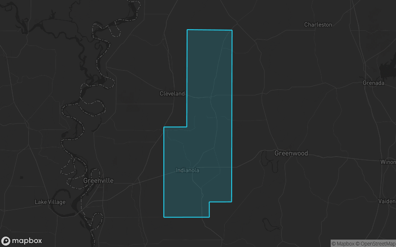 Map of Sunflower County, Mississippi showing the county boundary and surrounding cities