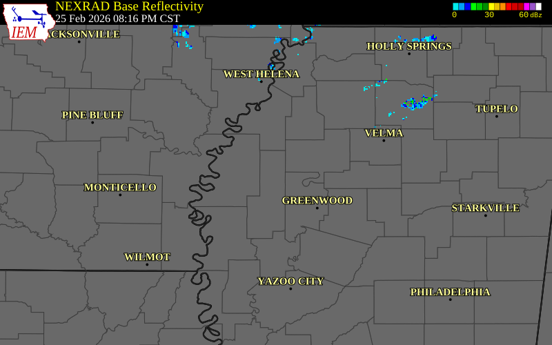 NEXRAD radar during the Wednesday, February 25, 2026 storm activity in Sunflower County, Mississippi