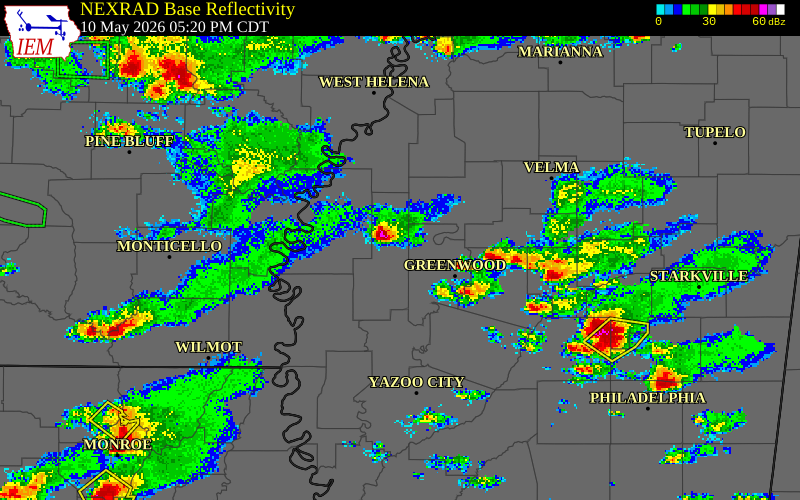 NEXRAD radar during the Sunday, May 10, 2026 storm activity in Sunflower County, Mississippi