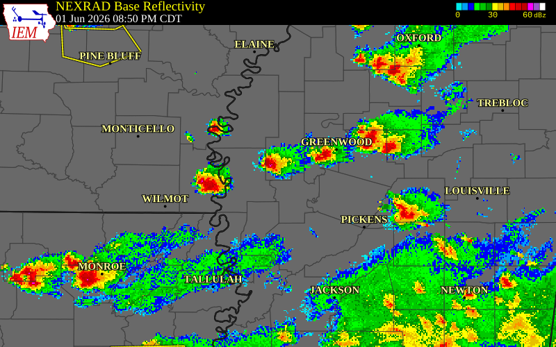 NEXRAD radar during the Monday, June 1, 2026 storm activity in Sunflower County, Mississippi