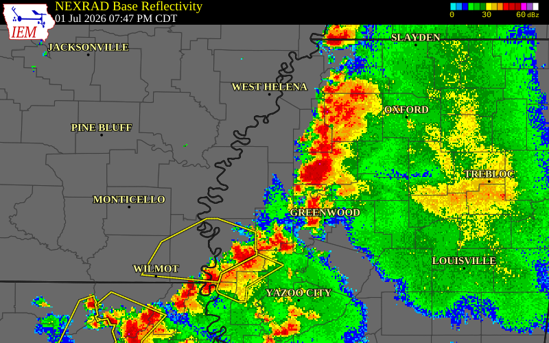 NEXRAD radar during the Wednesday, July 1, 2026 storm activity in Sunflower County, Mississippi