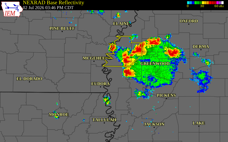 NEXRAD radar during the Thursday, July 2, 2026 storm activity in Sunflower County, Mississippi