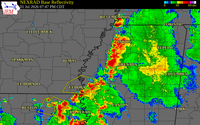 Radar snapshot during the Jul 1, 2026 wind event near Sunflower County, Sunflower County, Mississippi, with NWS warning polygons