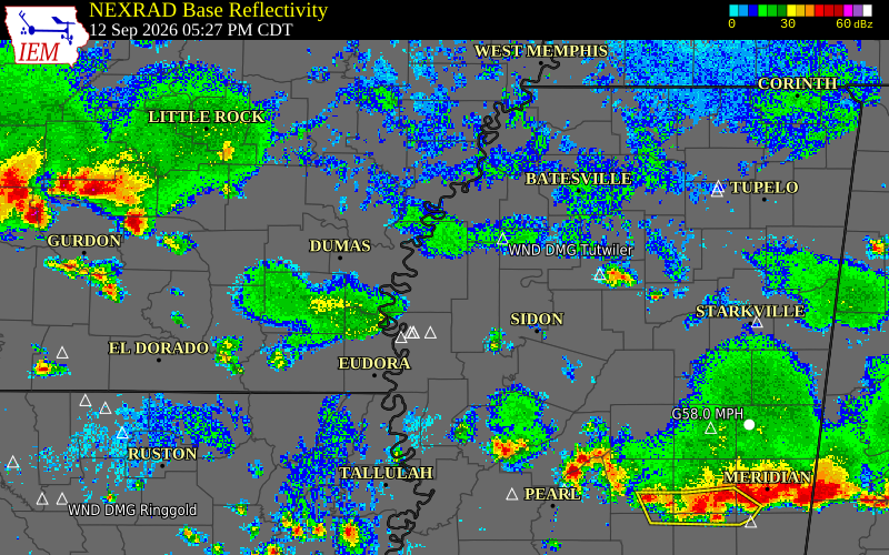Current NEXRAD radar over Sunflower County, Mississippi with recent storm report locations