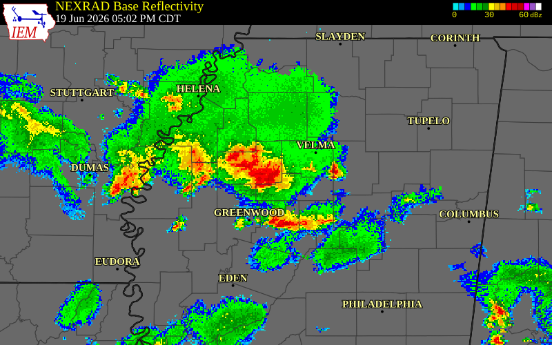 NEXRAD radar during the Friday, June 19, 2026 storm activity in Tallahatchie County, Mississippi
