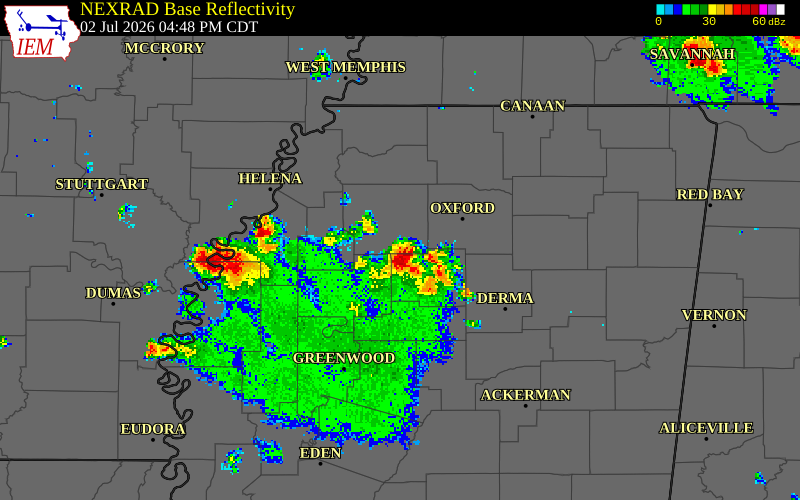 NEXRAD radar during the Thursday, July 2, 2026 storm activity in Tallahatchie County, Mississippi