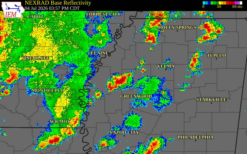 NEXRAD radar during the Saturday, July 4, 2026 storm activity in Tallahatchie County, Mississippi