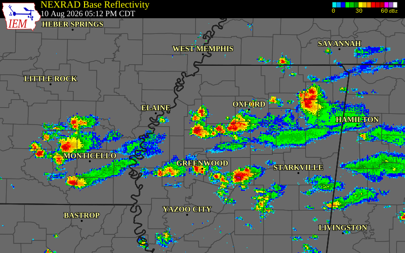 Radar snapshot during the Aug 10, 2026 hail event near Tallahatchie County, Tallahatchie County, Mississippi, with NWS warning polygons