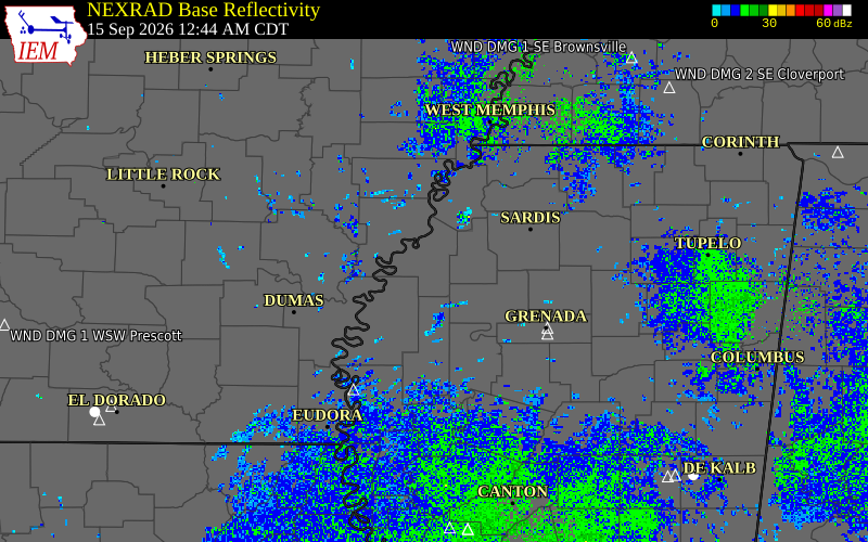 Current NEXRAD radar over Tallahatchie County, Mississippi with recent storm report locations