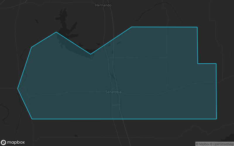 Map of Tate County, Mississippi showing the county boundary and surrounding cities