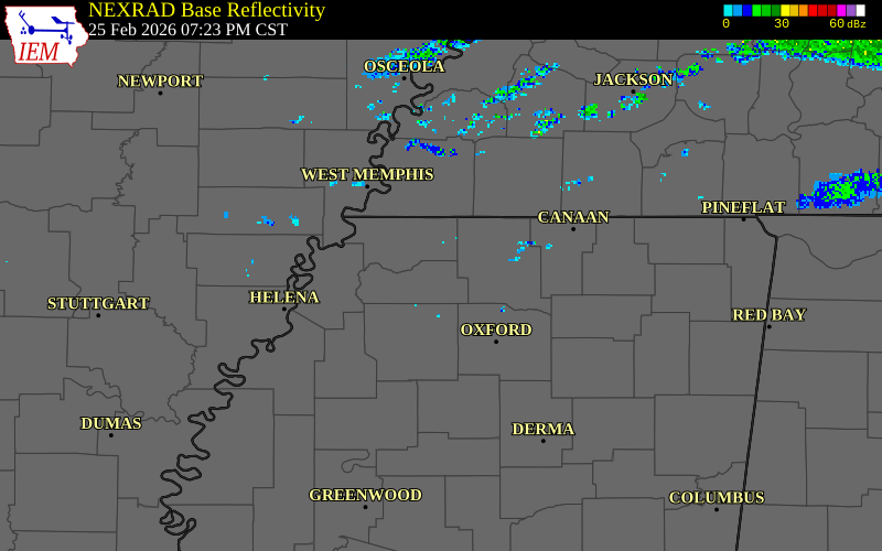 NEXRAD radar during the Wednesday, February 25, 2026 storm activity in Tate County, Mississippi
