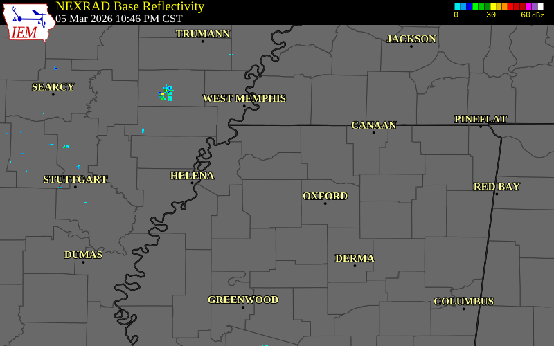 NEXRAD radar during the Thursday, March 5, 2026 storm activity in Tate County, Mississippi