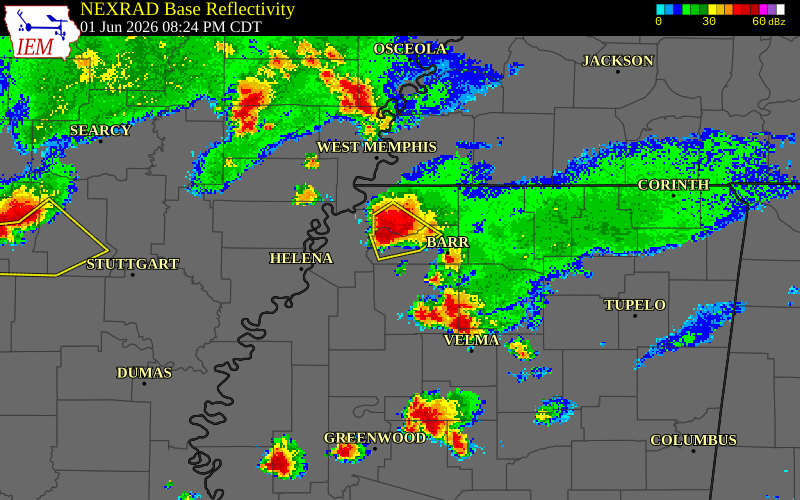 NEXRAD radar during the Monday, June 1, 2026 storm activity in Tate County, Mississippi