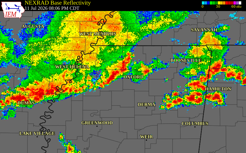 NEXRAD radar during the Saturday, July 11, 2026 storm activity in Tate County, Mississippi